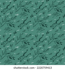 Seamless pattern with frogs and grass in the water. Pattern for printing on fabric or paper.