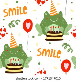 Seamless pattern with frogs. Happy birthday. Greeting card, poster, wrapping paper designs. Vector cartoon illustration.
