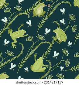 Seamless pattern with frogs and herbs.Meadow grasses, mosquitoes and amphibians. Green and blue colors.Floral wild life background or texture for printing on fabric and paper.Vector illustration.