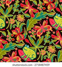 Patrón sin fisuras con ranas, insectos y flores. Ilustración vectorial.