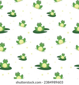 Seamless pattern with frogs isolated on white background. Print for children's clothes, notebook covers, wrapping paper. Vector illustration