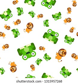 Seamless pattern of frogs and a lion. Vector illustration in cartoon style.