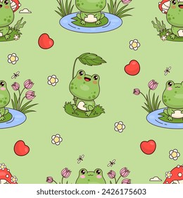 Seamless pattern with frogs on green background with flowers and hearts. Cute kawaii animal character. Vector illustration. Kids collection