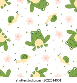 Seamless pattern of frogs with pink flowers and little snails on a white background. Ideal for baby fabric, home decor, and wrapping paper.