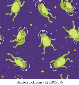 Seamless pattern with frogs in space. Vector graphics.