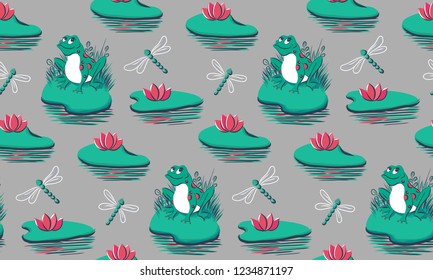 Seamless pattern with frogs, water lilies, dragonflies on grey background. Hand drawn vector illustration can be used as a print for baby apparel, cards, packaging design. Smiled frog ornament.