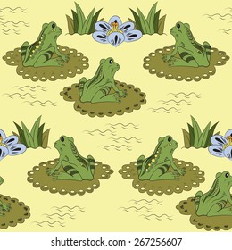 Seamless pattern with frogs and water lilies