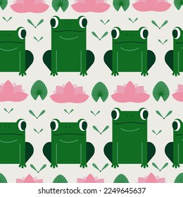 Seamless pattern. Frogs, water lily, insects. Childish cute print. Textile. Wrapping paper. Vector. Background. Texture.