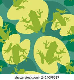 Seamless pattern with frogs and water lily leaves. Abstract contemporary print with aquatic amphibians. Vector graphics.