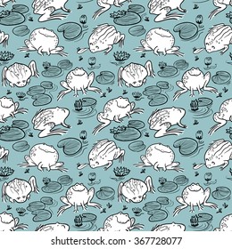 Seamless pattern with frogs and water lily