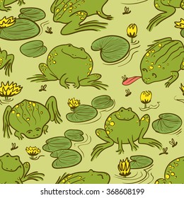 Seamless pattern with frogs and water lily