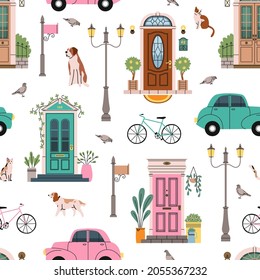 Seamless pattern front doors. House facade entrances, old main porches, vintage street elements, outdoor lanterns, plants, bicycle and cars, decor textile, wrapping paper wallpaper, vector print