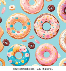 Seamless Pattern of Frosted Donuts in Various Flavors Vector Illustration. Frosted Delights