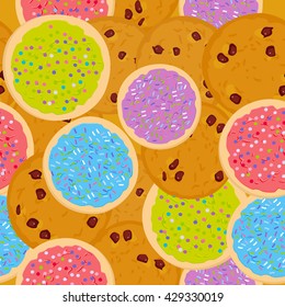 Seamless Pattern Frosted Sugar Cookies, Chocolate Chip Cookie, Italian Freshly Baked Sugar Cookies With Pink Green Violet Blue Frosting And Colorful Sprinkles. Bright Colors. Vector