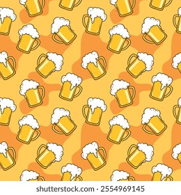 Seamless pattern of frothy beer mugs on a yellow and orange background, perfect for festive and celebratory designs, especially for Oktoberfest or bar-themed events