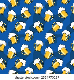 Seamless pattern of frothy beer mugs on a blue background, perfect for Oktoberfest celebrations, pub decorations, and festive party designs