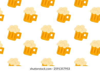 Seamless pattern with frothy beer mugs on a white background, perfect for St. Patrick’s Day party invitations, crafts, and festive designs.