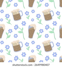 Seamless pattern of frothy beer mugs with blue flowers and green leaves on a white background