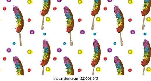 Seamless pattern with frozen banana with colored sprinkles. Flat vector illustration