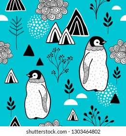 Seamless pattern with frozen mountains and penguins. Vector endless wallpaper on blue background.