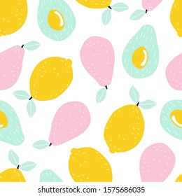 Seamless pattern with fruit avocado, lemon, pear. Vector illustration for printing on fabric, clothing, tableware, packaging paper, food, Wallpaper. Cute baby background. 