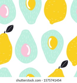 Seamless pattern with fruit avocado, lemon. Vector illustration for printing on fabric, clothing, tableware, packaging paper, food, Wallpaper. Cute baby background.