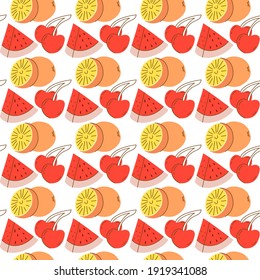 Seamless pattern with fruit background element watermelon, orange, cherry. hand drawn seamless fruit pattern