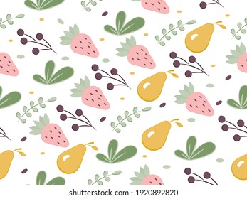 Seamless pattern from fruit background elements on a white background. Tropical pattern of pears, strawberries.