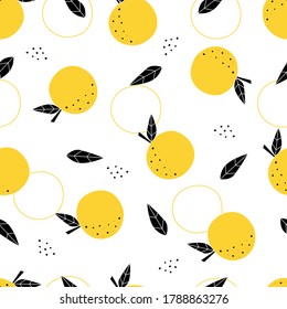 Seamless pattern Fruit background Yellow lemons, cut into small pieces Hand drawn design in cartoon style Used for textiles, publications, wallpapers, vector illustrations.