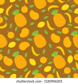 Seamless pattern fruit banana, manggo, orange, lemon and 
pineapple with a beautiful background chocolate