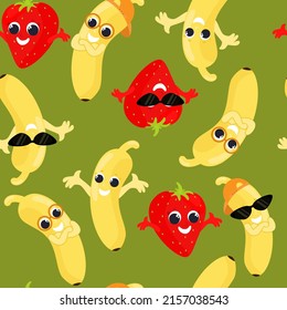 Seamless pattern fruit banana and strawberry in different poses, glasses, baseball cap. Fruits with faces, they are joyful and happy and smiling. Pattern for baby packaging, textiles, design.