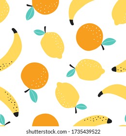 Seamless pattern with fruit bananas, lemon and orange on a white background. Vector illustration for printing on fabric, packaging paper, Wallpaper, poster, banner. Cute children's background.