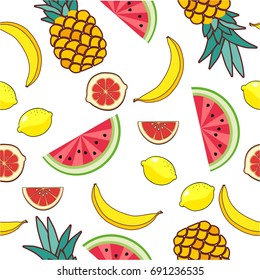 Seamless pattern with fruit of bananas, watermelon, grapefruit, pineapple, lemon. Vector fruits background.