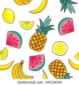 Seamless pattern with fruit of bananas, watermelon, pineapple, lemon. Vector fruits background.