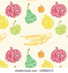 Seamless pattern of fruit and berries, consisting of a hand-written inscriptions on the background of the text