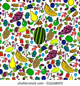 Seamless pattern with fruit and berry. Cute illustration with autumn harvest