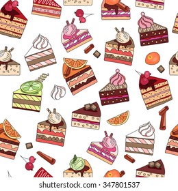 Seamless pattern with fruit cake slices. Different taste and color.