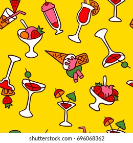 Seamless pattern with fruit cocktails and bright ice cream.