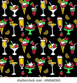 Seamless pattern with fruit cocktails and bright ice cream.