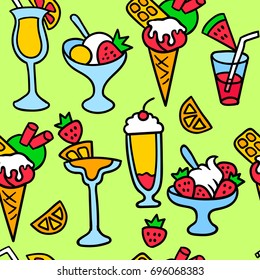Seamless pattern with fruit cocktails and bright ice cream.