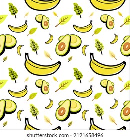 Seamless pattern with fruit collection banana, avocado, leaves, tree.Fruit flat illustration background template. Abstract design in colors black, yellow and green for print, cover, wallpaper vector