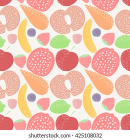 Seamless pattern with fruit. Colorful seamless pattern with fruits and vegetables: pomegranate, banana, apple, cherry, strawberry, carrot, figs. Stock vector