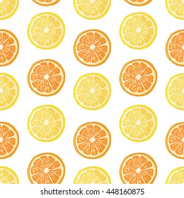 Seamless pattern with fruit decoration. Wallpaper with a pattern of slice orange and lemon. Fruit citrus background is for cafes, restaurants, a fabric. Vector.