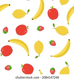seamless pattern of fruit flat on a white background. fruit set apple, banana, strawberry, lemon. The concept of harvest, juice, vitamins. pattern for textile, wallpaper