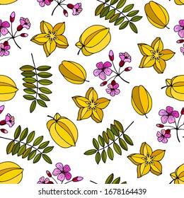 Patrón transparente de flores de fruta y hojas de carambola. ilustración de material vectorial eps10