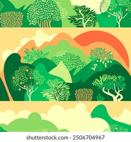 Seamless pattern with fruit gardens. Lemon and apple trees in a hilly landscape. Vector illustration.
