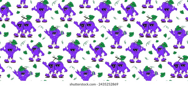 Seamless pattern of fruit grapes characters. Modern illustration with cute grape mascots in different poses and emotions.