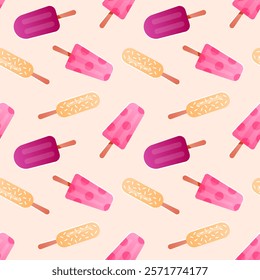 Seamless pattern with fruit ice. Colorful ice cream on a stick on yellow background. Repeating print for fabric, wrapping paper, textile, wallpaper