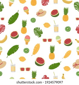 Seamless pattern with fruit, ice cream and tropical bright leaves on a white background. Vector illustration for summer design.  Pineapple, kiwi, banana, lemon, monstera.