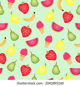 patrón sin fisuras de fruta, helado, postre, comida saludable, jugosa y brillante impresión para imprimir